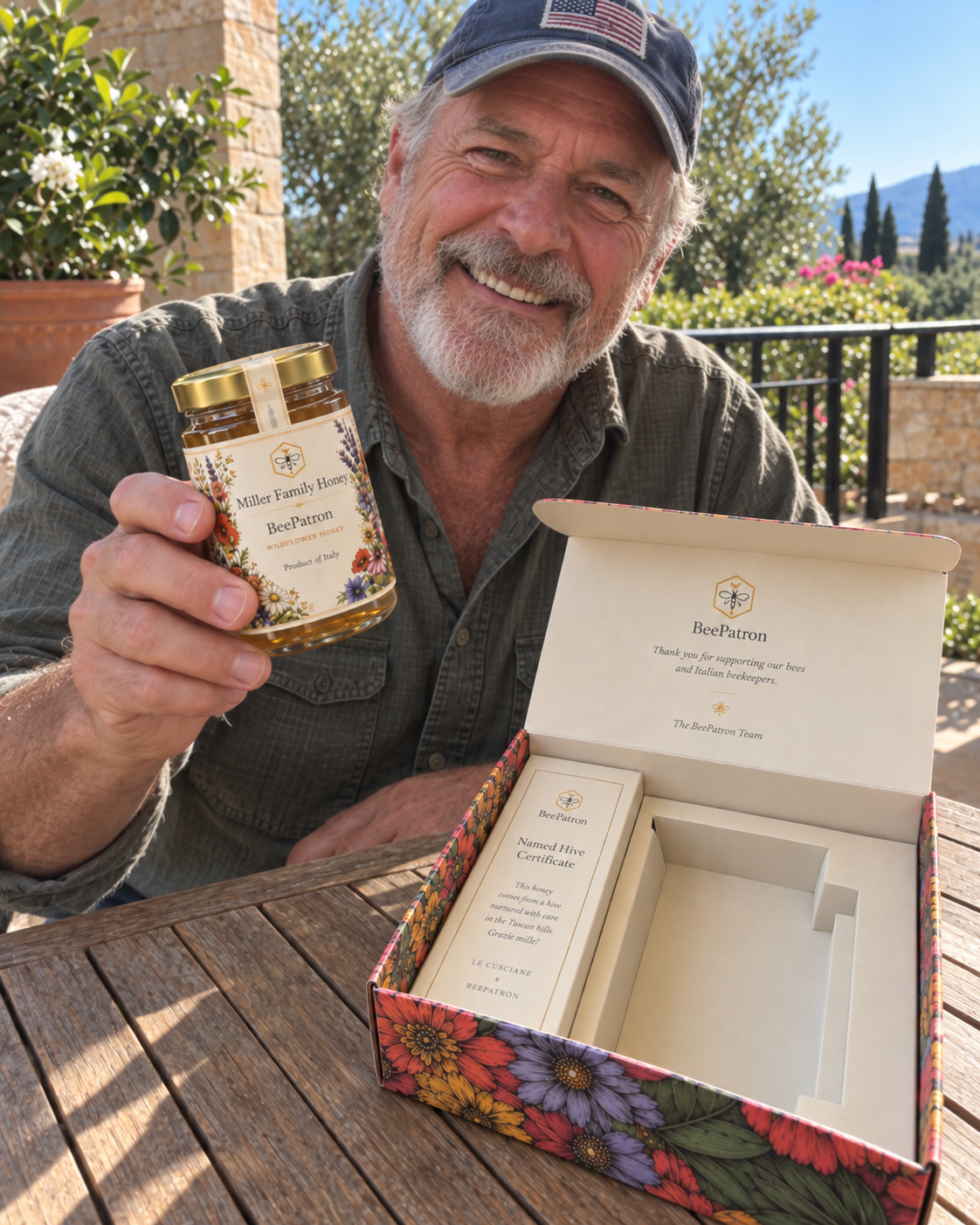 David from Baltimore holding his personalized BeePatron honey jar and gift box