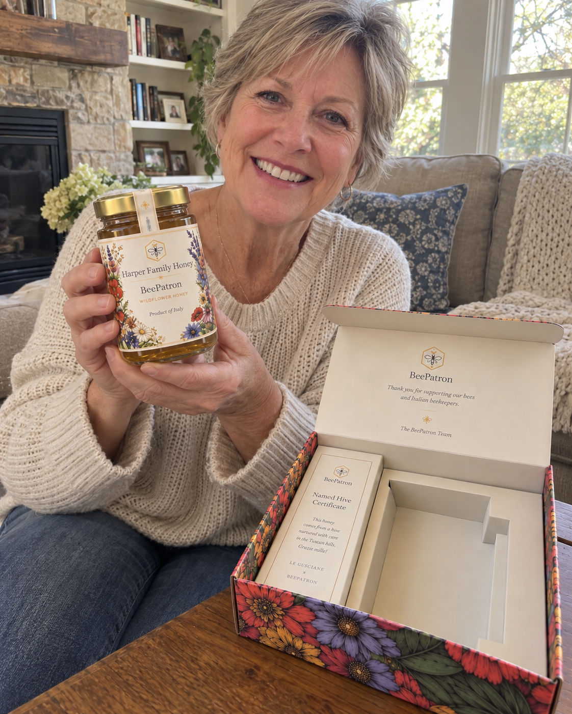 Linda from Tucson holding her personalized BeePatron honey jar and gift box