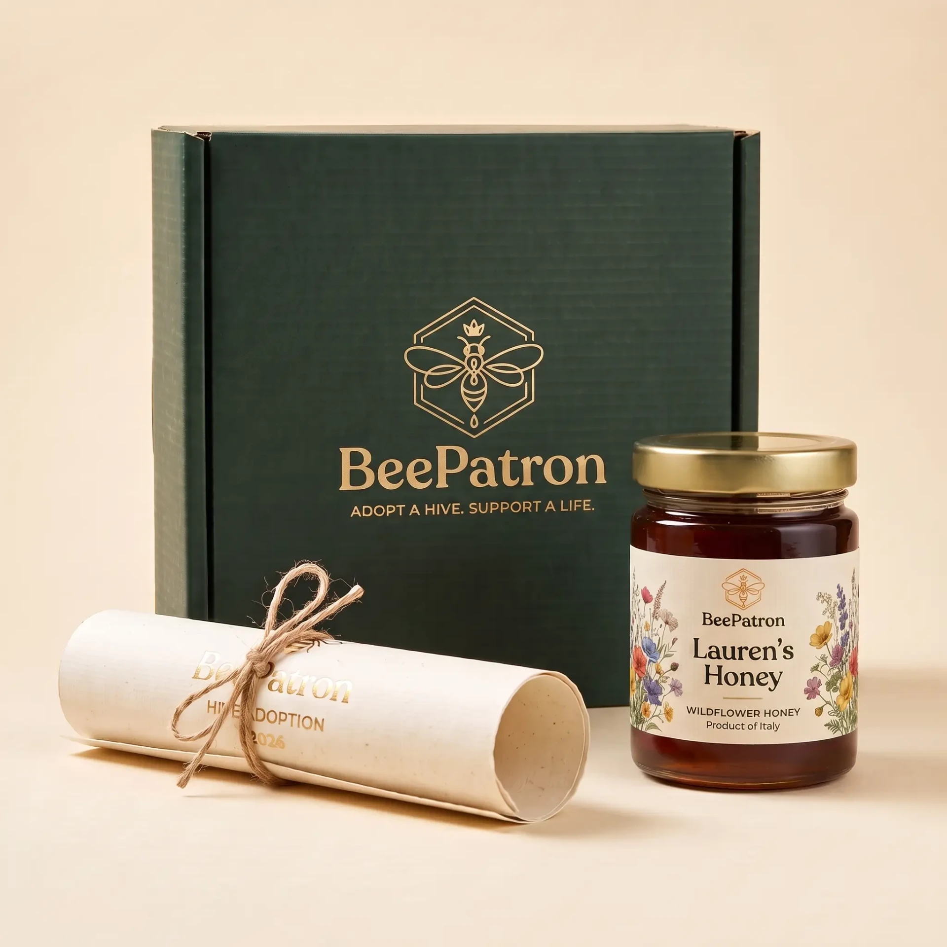 Personalized BeePatron honey jar, premium green gift box and hive adoption certificate