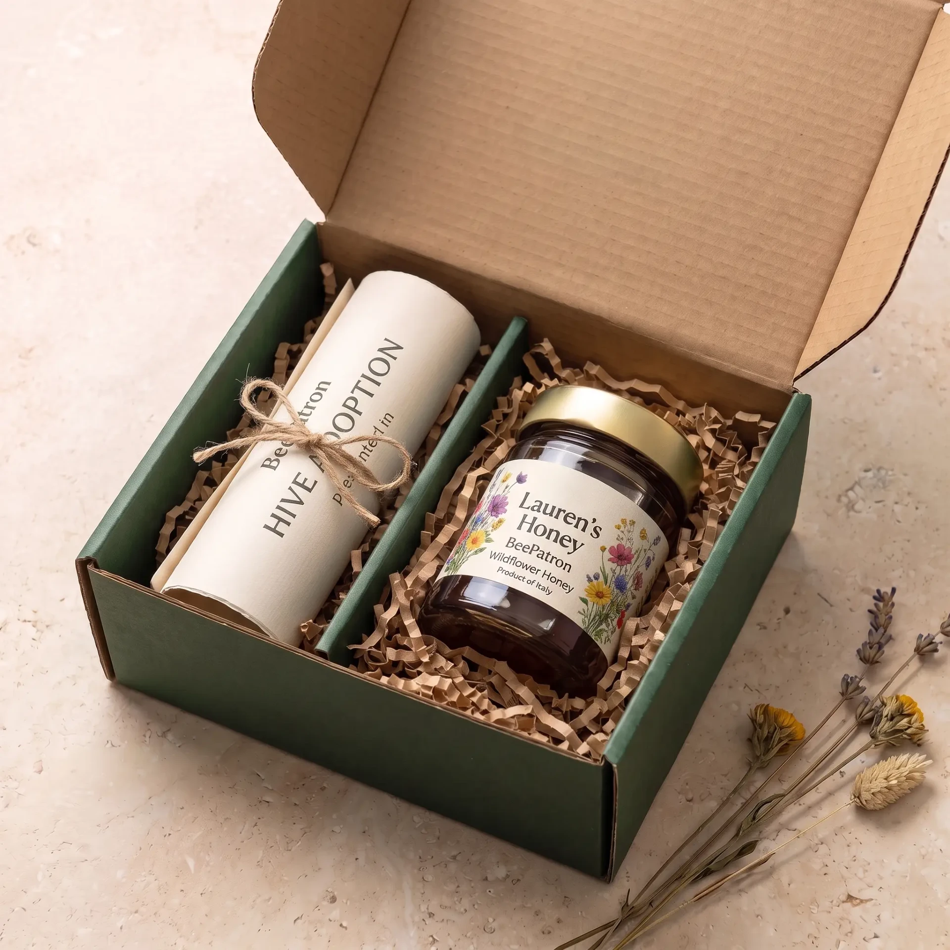 Open BeePatron corporate gift box with personalized honey and rolled hive adoption certificate