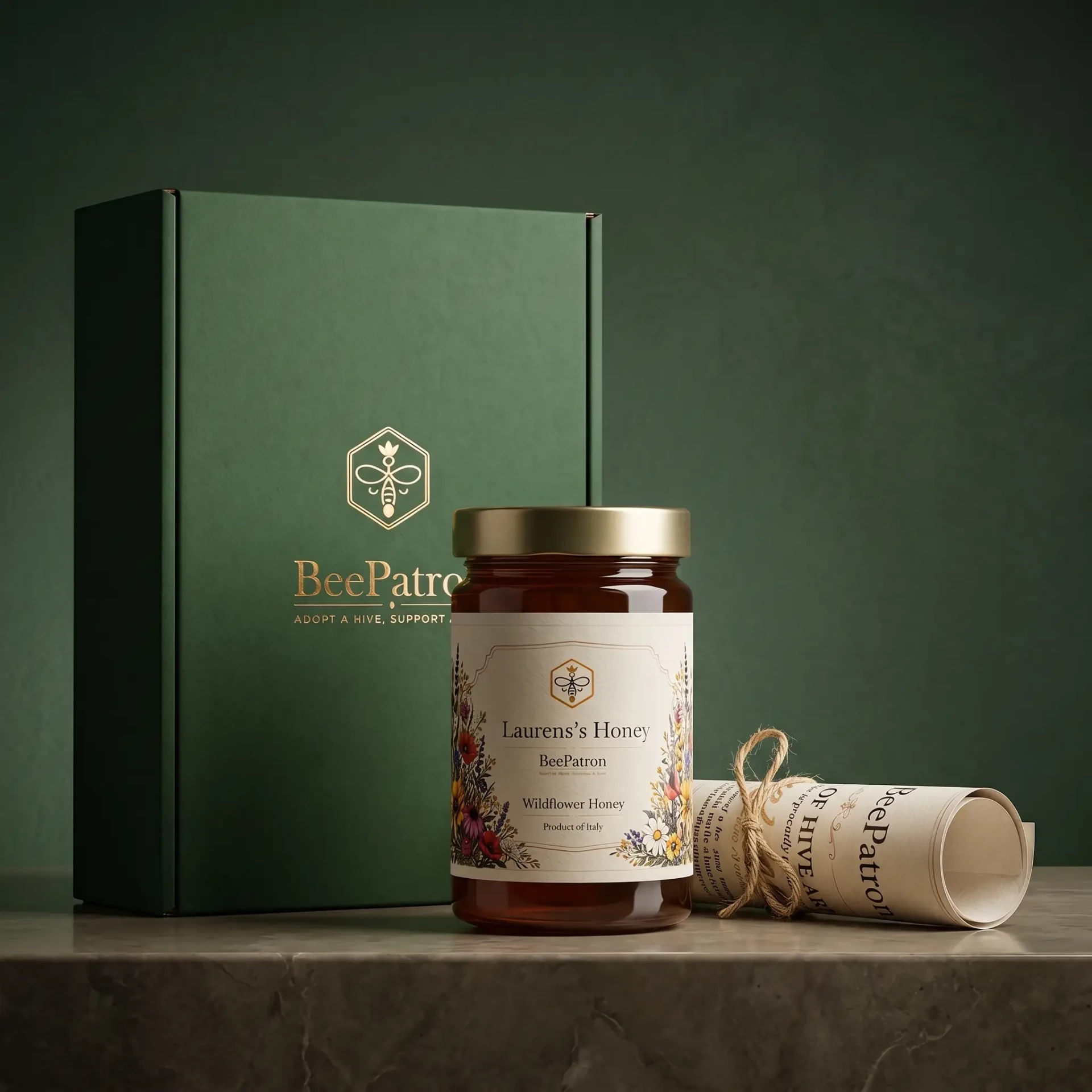 BeePatron corporate gift box with personalized Tuscan wildflower honey and hive adoption certificate