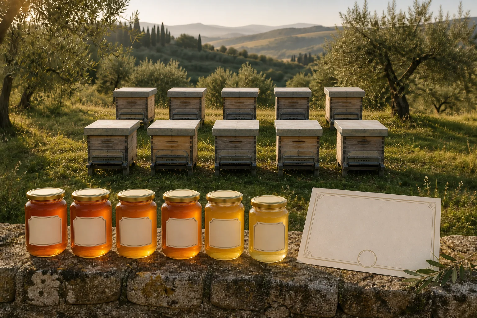 Ten real Tuscan beehives with six honey jars and a personalized certificate representing the Adopt 10 Hives plan