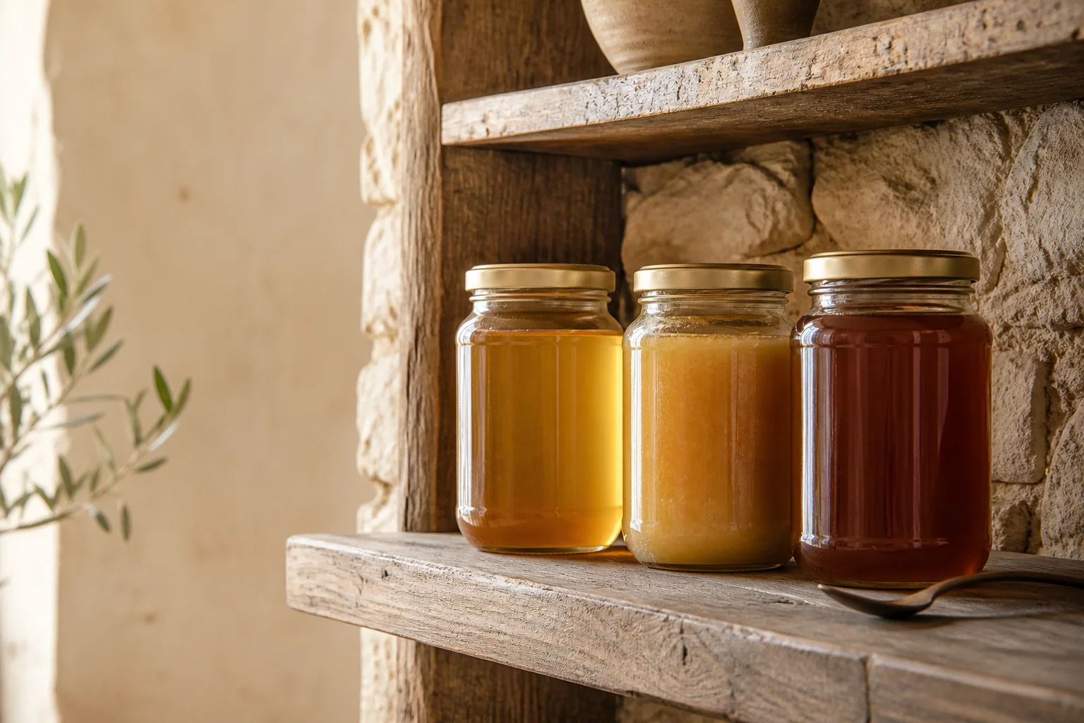 Sealed jars of liquid and crystallized honey stored in a cool dry pantry