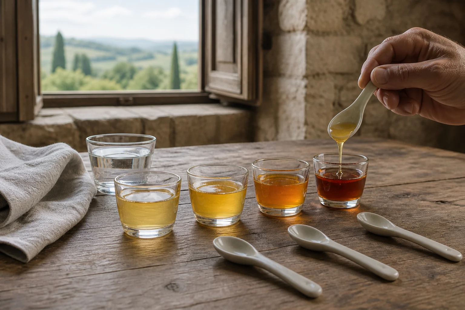 Four small glasses of honey arranged from pale gold to dark amber for a guided tasting in Tuscany