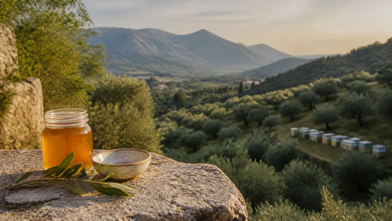 Artisanal honey, Tuscan ceramics and olive leaves overlooking hills and a distant apiary