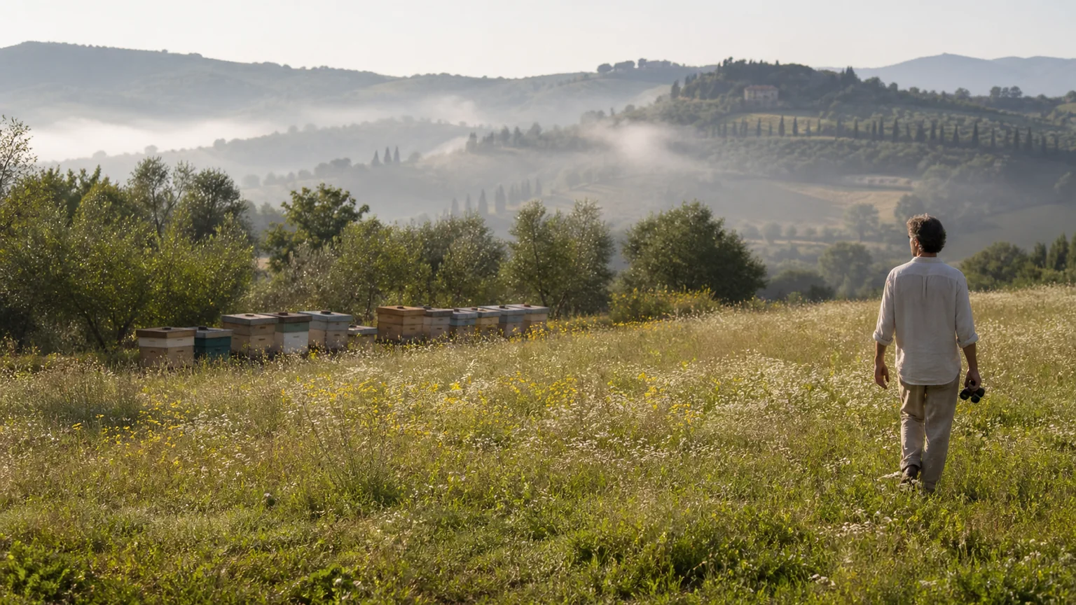 A nature observer walking through a Tuscan meadow beside a working apiary