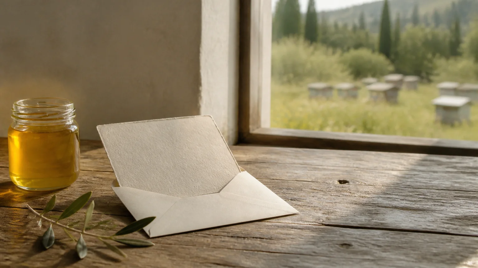 A blank card, olive branch and small jar of honey on an uncluttered Tuscan table