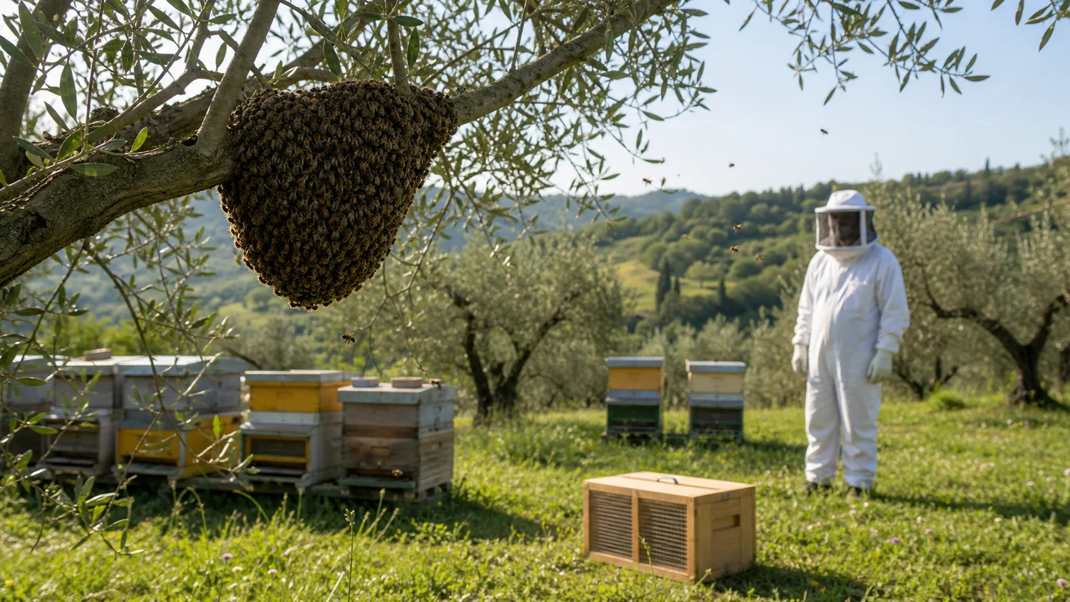 A compact honey bee swarm hanging from an olive branch while a protected beekeeper assesses it from a safe distance
