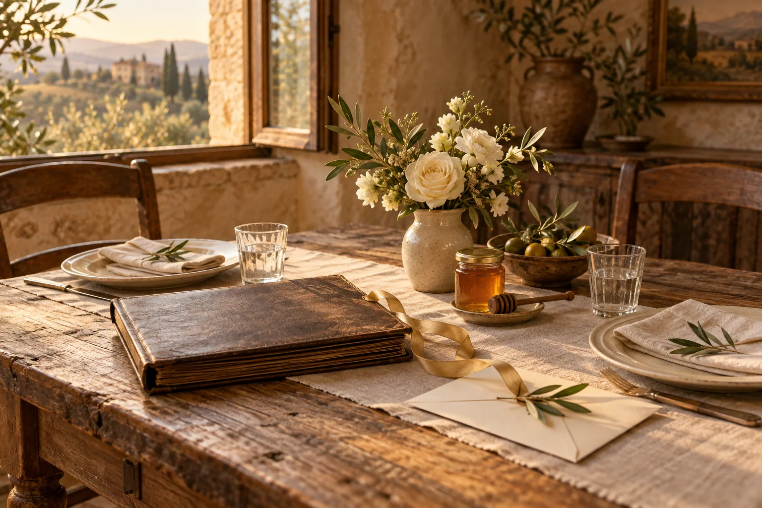 A family album, gold ribbon and honey beside two place settings in an imagined Tuscan farmhouse dining room.