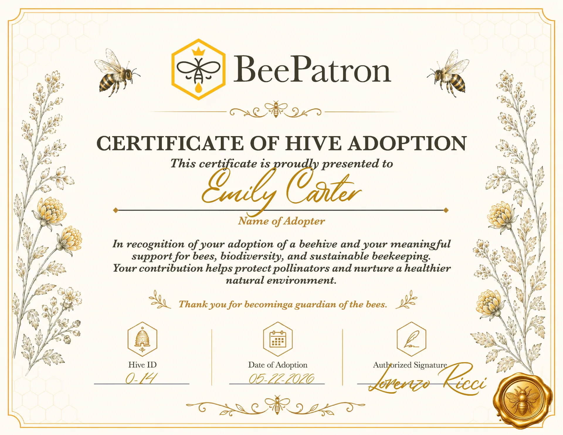 BeePatron personalized hive adoption certificate preview