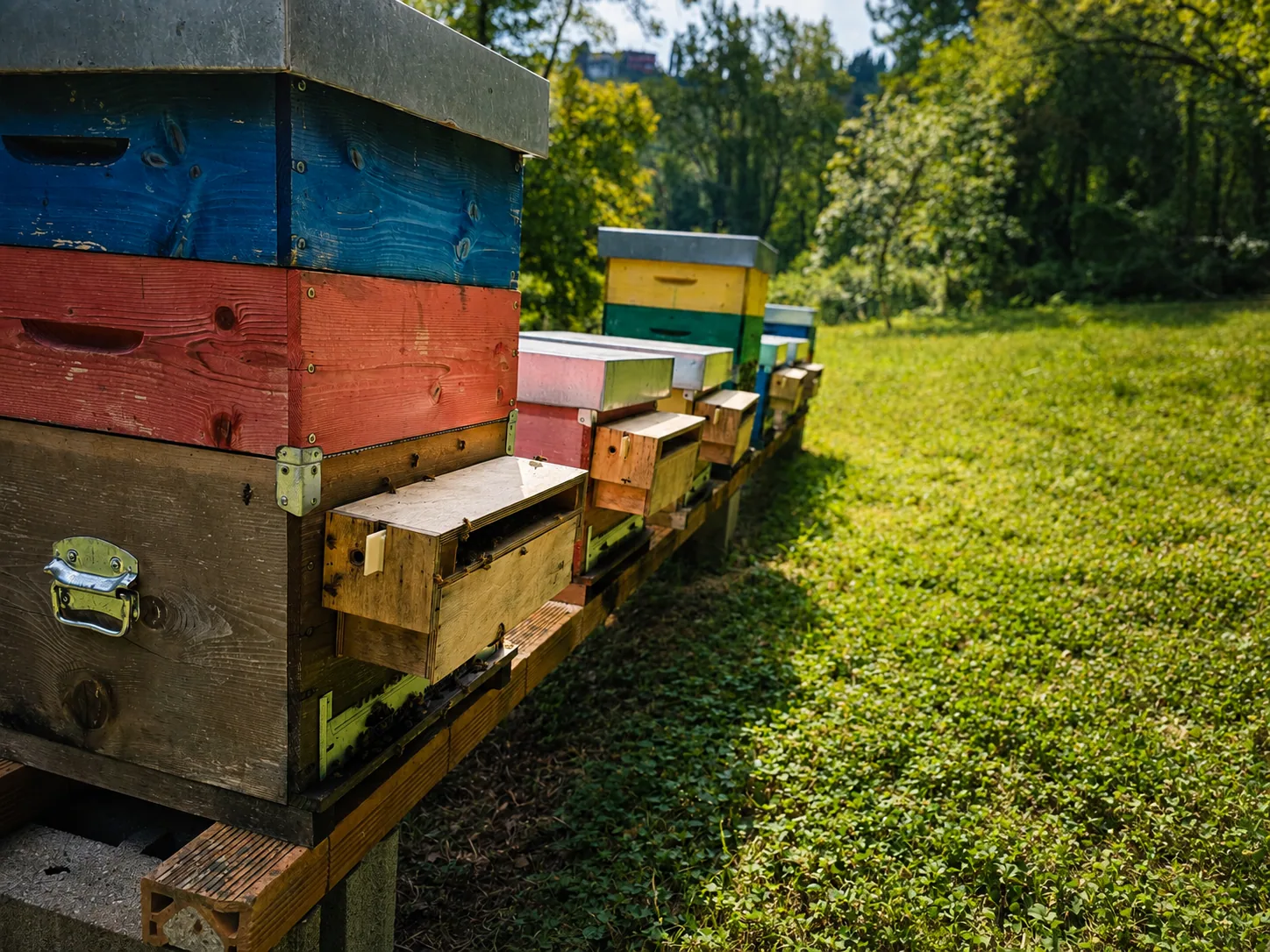 Wooden beehives at Le Gusciane in the hills of Camaiore.