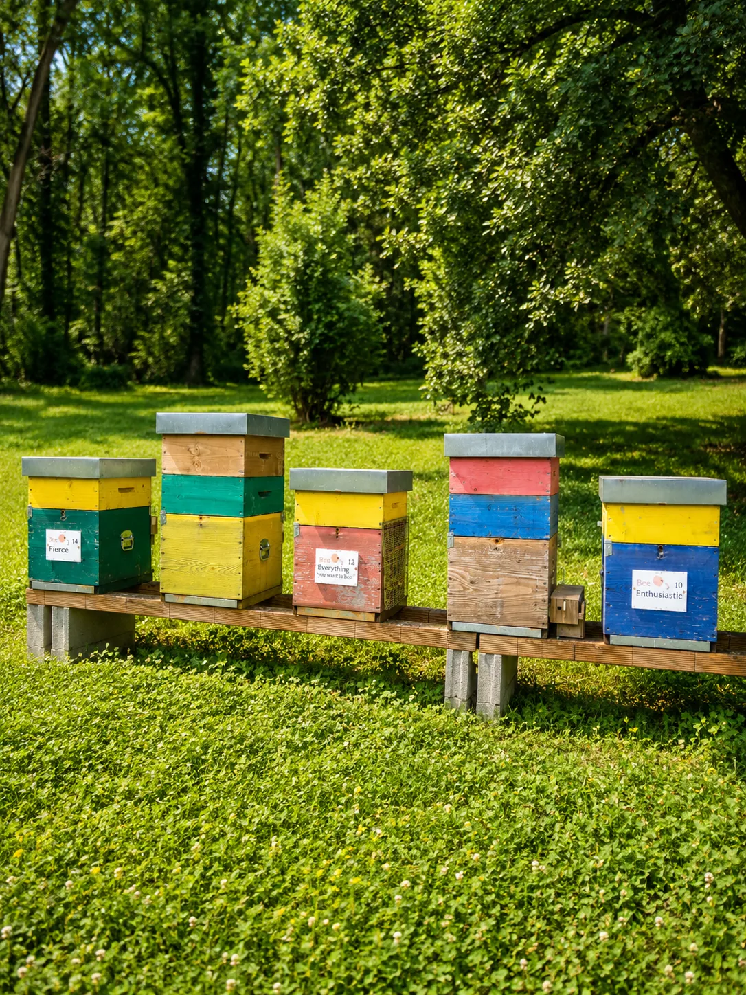 Colorful named beehives on stands at Le Gusciane.