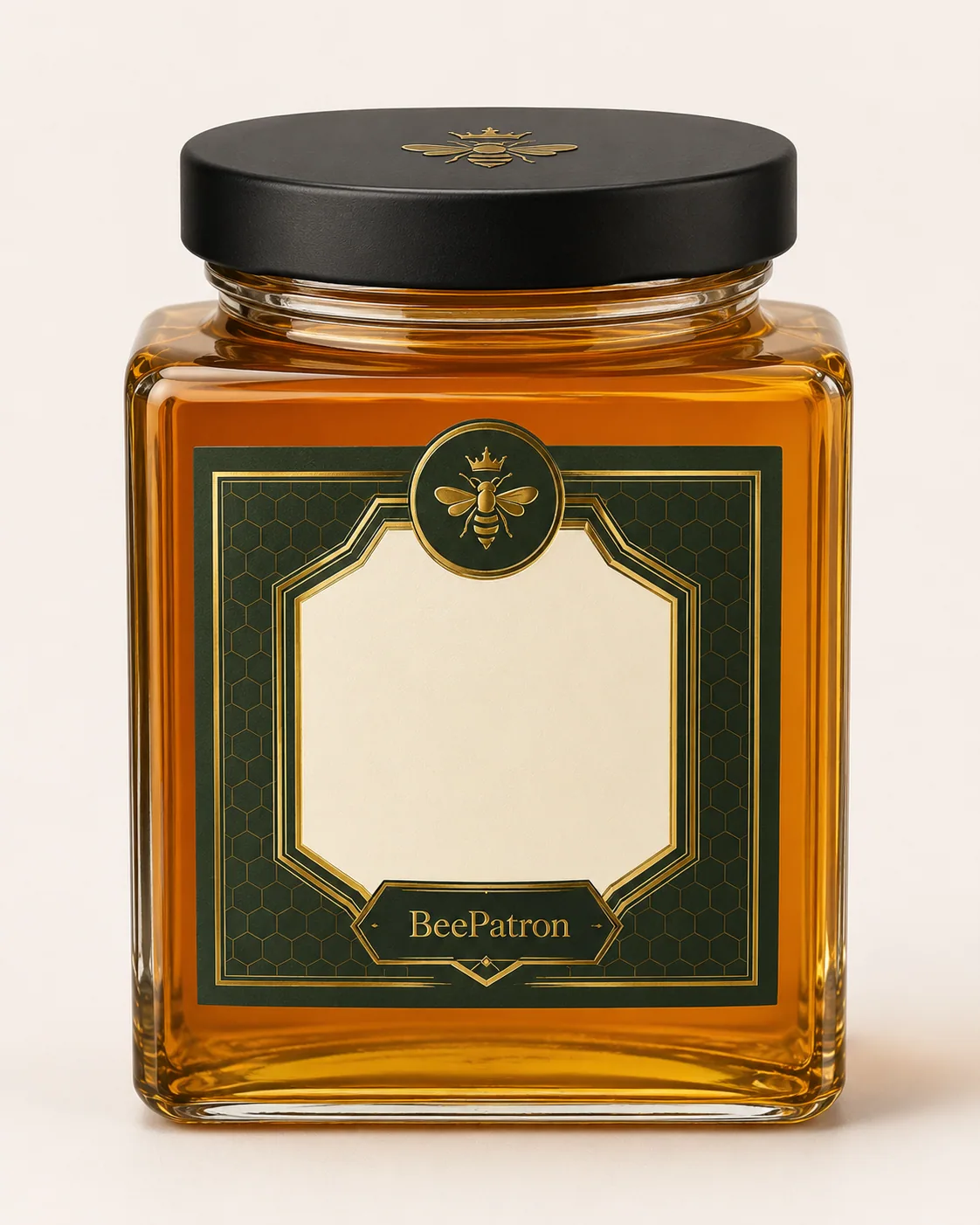 Personalized BeePatron honey jar with custom name label