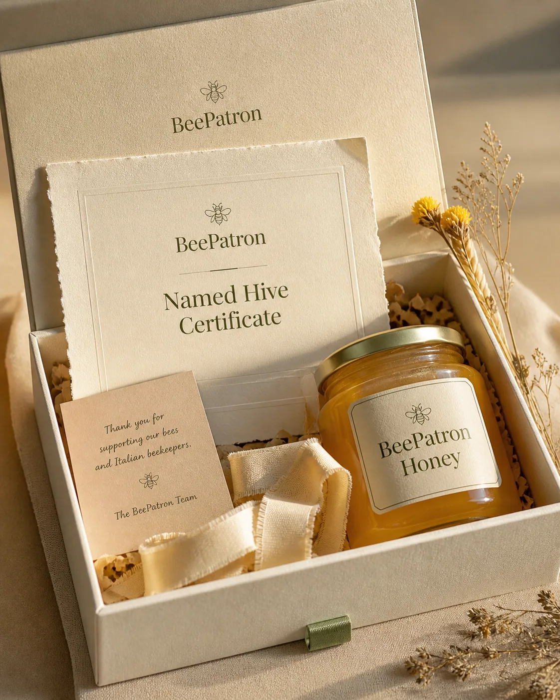 BeePatron named-hive gift package with honey and a personalized certificate