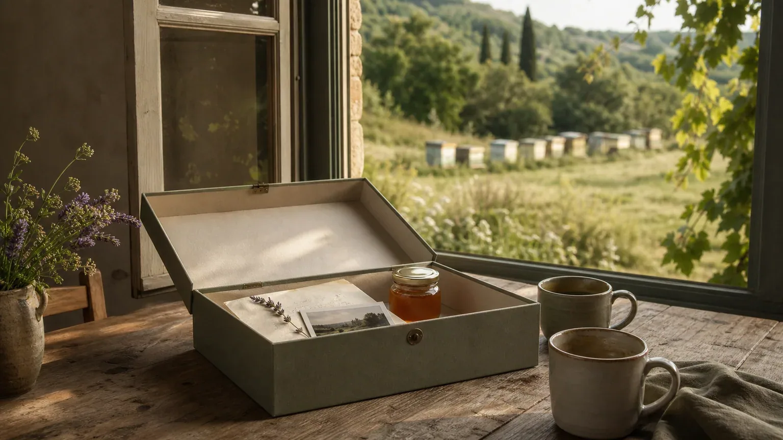 A restrained anniversary card and seasonal flowers beside a Tuscan apiary