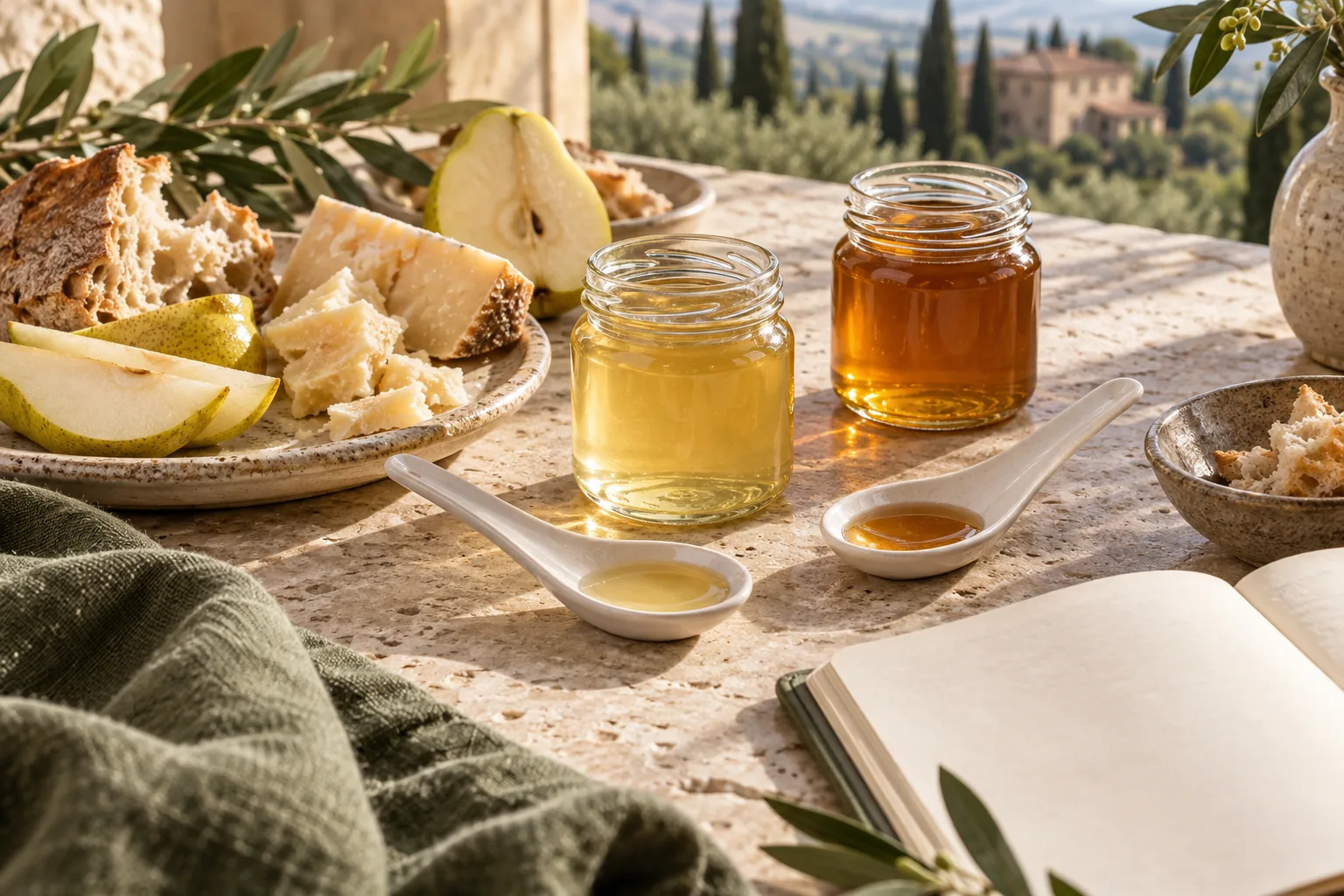 Pale and golden honeys with tasting spoons, pear, cheese and rustic bread on a limestone table.