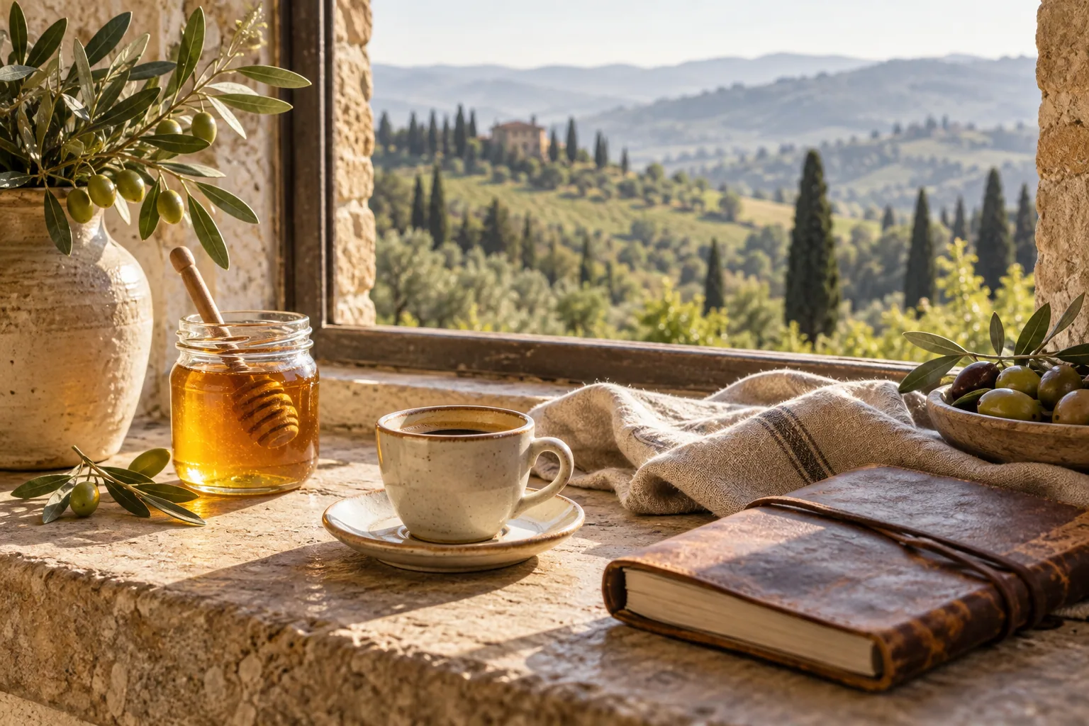 Honey, a ceramic espresso cup and a travel journal on a sunlit stone windowsill overlooking an imagined Tuscan landscape.