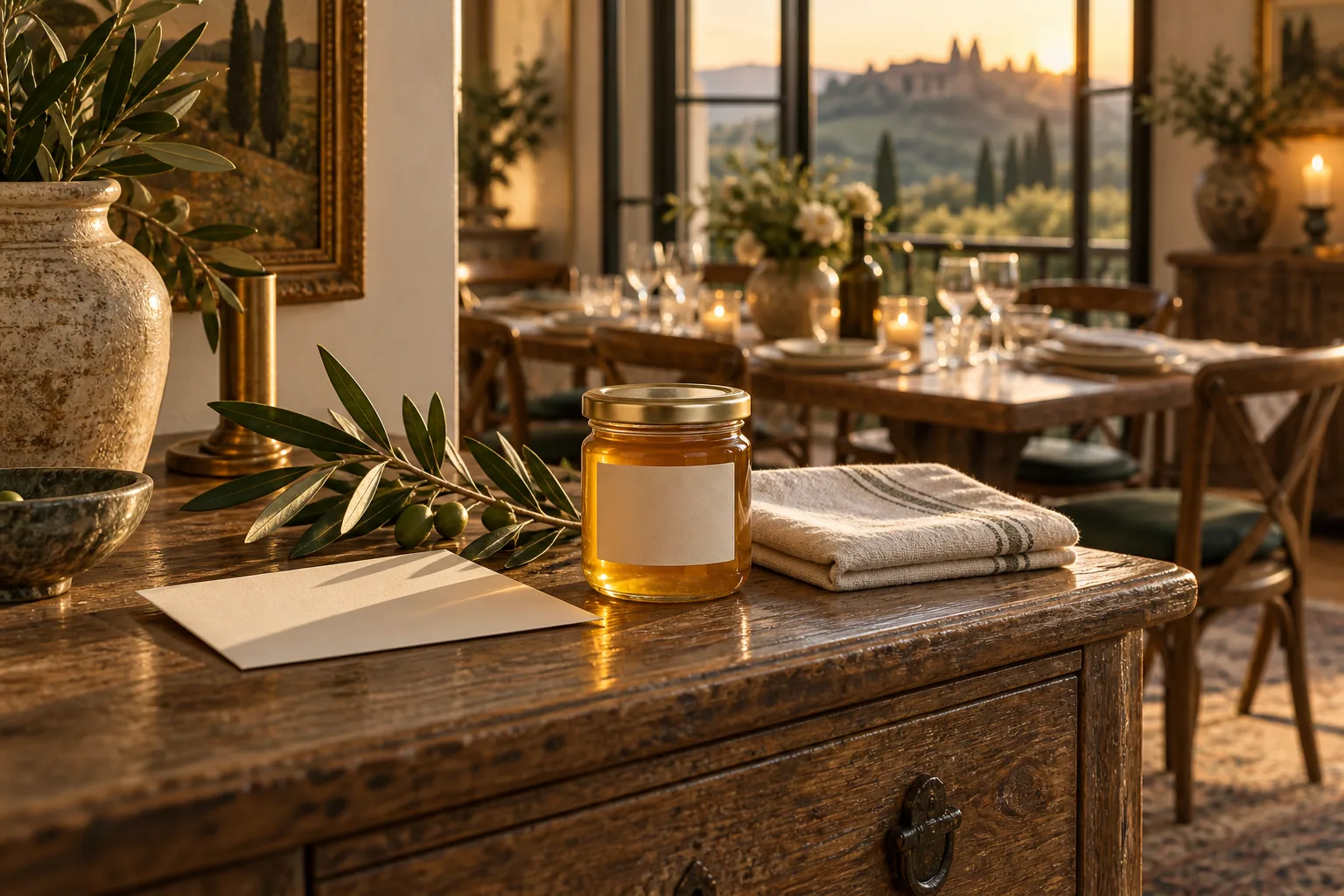 Honey, an envelope and ivory linen on a Tuscan sideboard beside a softly lit dinner table.