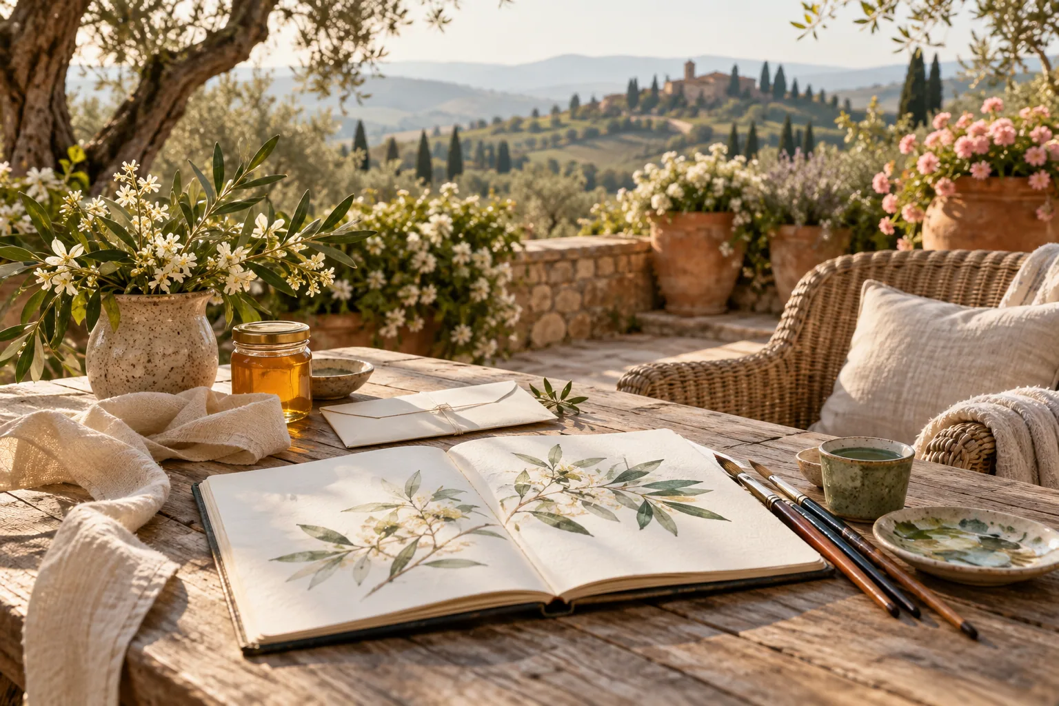 A botanical watercolor sketchbook, brushes and honey on an imagined Tuscan garden terrace beside a woven chair.