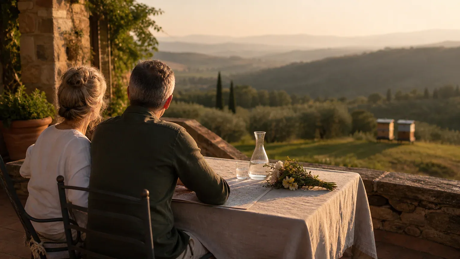 An elegant wedding table overlooking two beehives in the Tuscan countryside