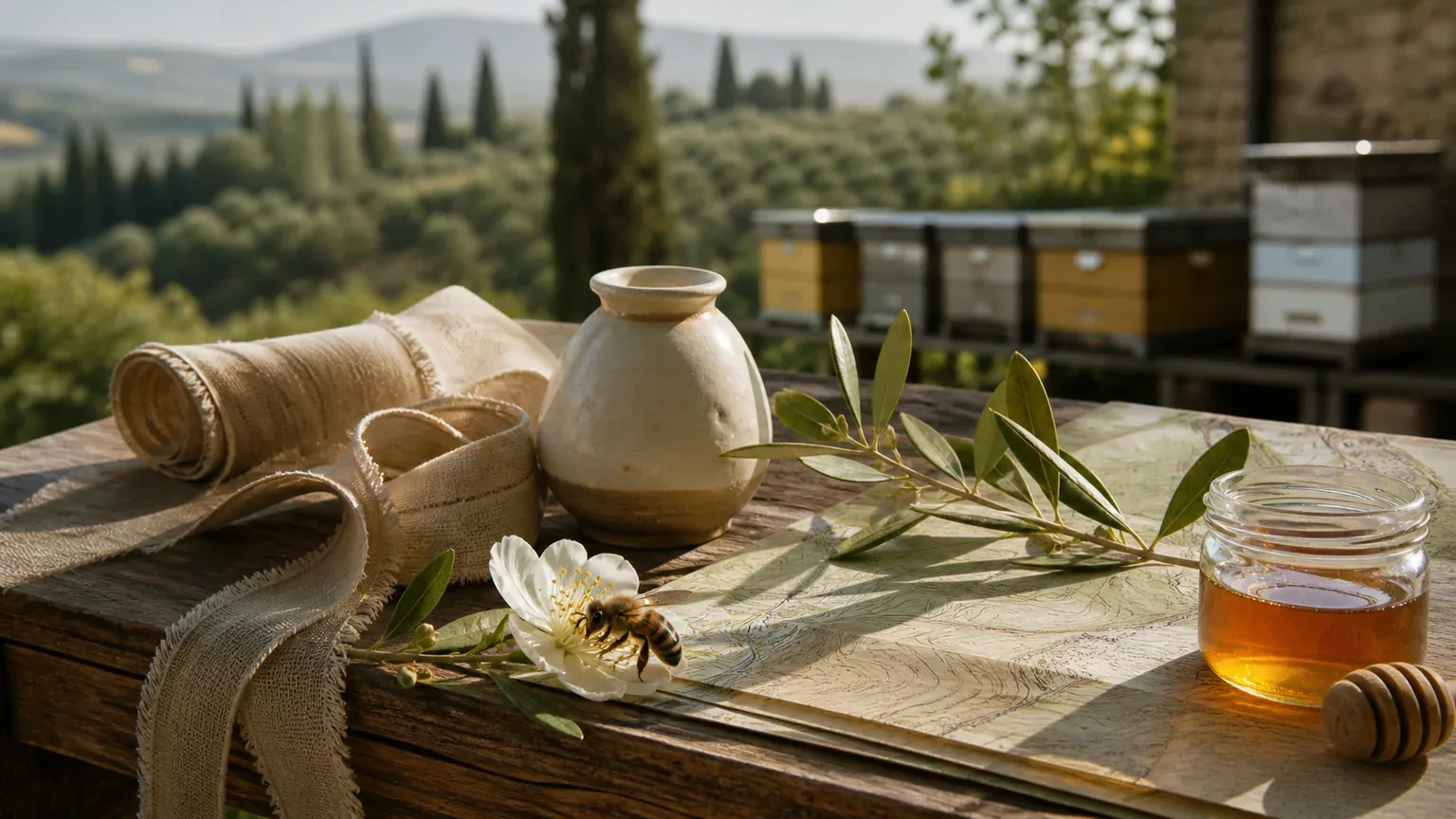 Tuscan honey, olive leaves and artisan objects arranged as meaningful wedding symbols