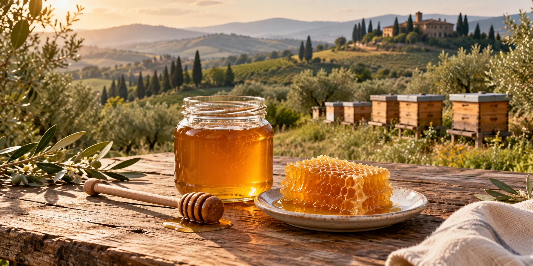Amber honey, honeycomb and a wooden dipper overlooking a Tuscan countryside apiary.
