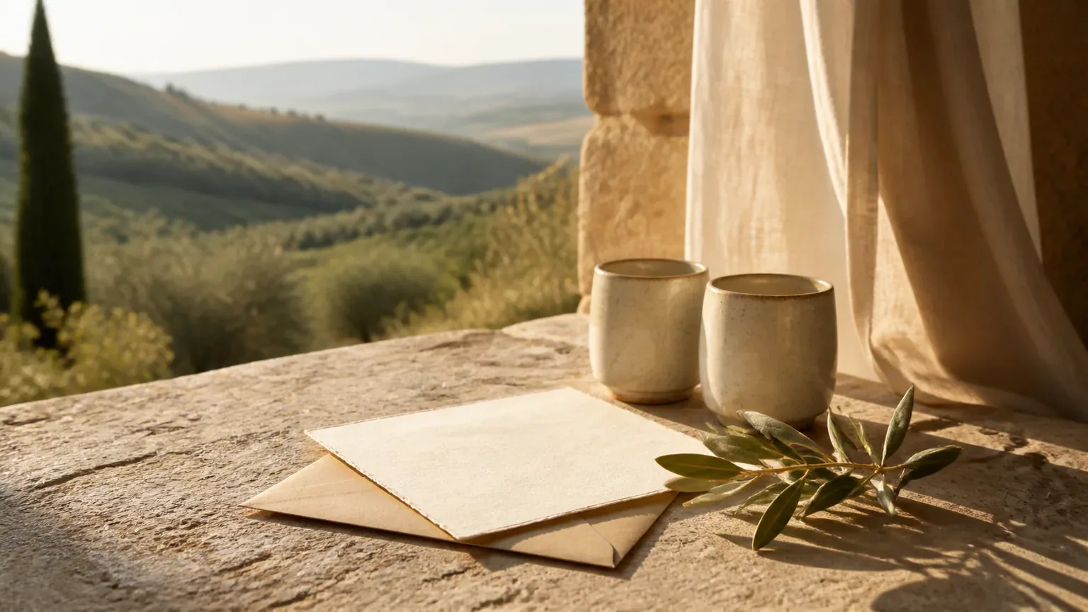 A handwritten wedding note, olive branch and honey on a calm uncluttered table